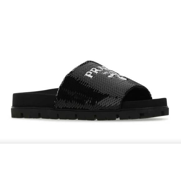 Prada Black Sequin White Logo Slide Sandal Slip On Pool Flip Flop Flat 37 - Picture 5 of 11